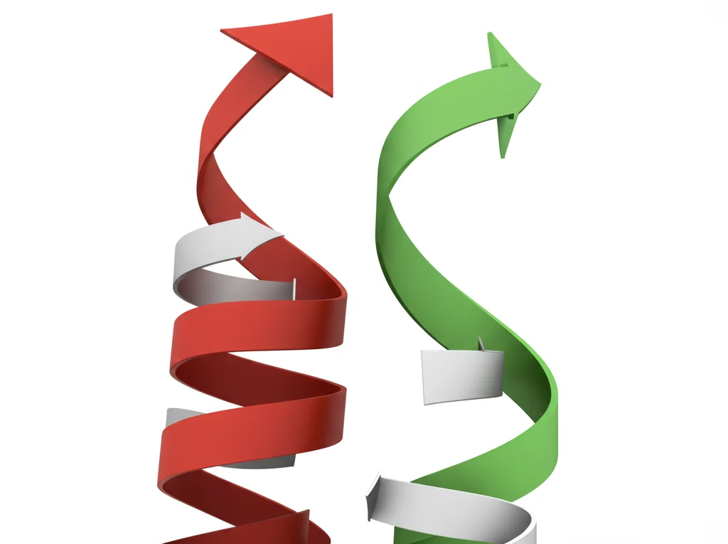 Grafico astratto 3D che mostra due spirali, una discendente rossa (circolo vizioso, America Latina) e una ascendente verde (circolo virtuoso, Europa), rendering fotorealistico con profondità di campo.