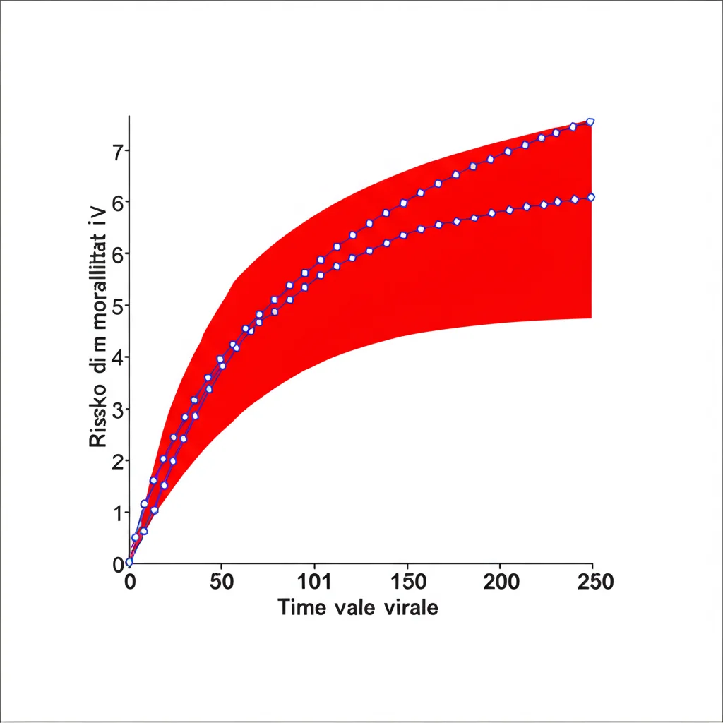 Grafico scientifico che mostra una curva esponenziale del rischio di mortalità in relazione all'aumento della carica virale EBV, visualizzazione dati medica, colori rosso e blu su sfondo bianco, stile pulito e professionale.