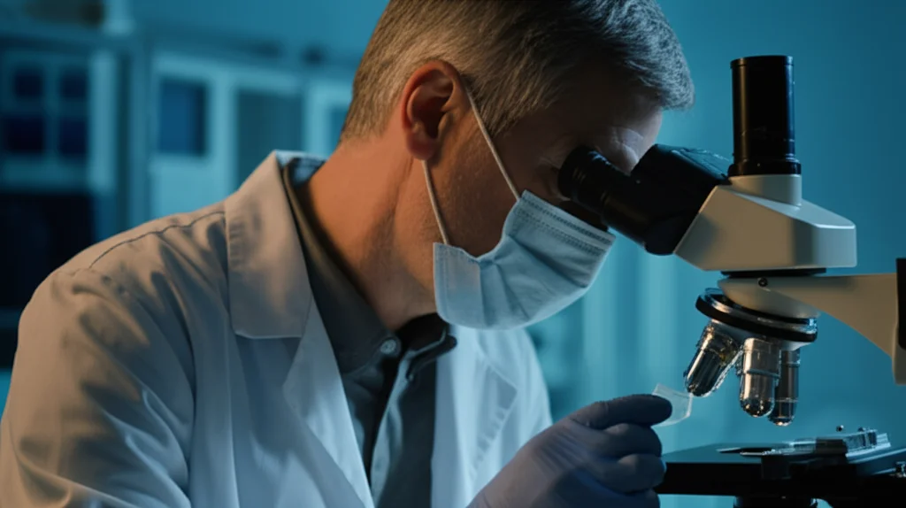 Medico che osserva un vetrino al microscopio in un laboratorio di ricerca medica, obiettivo macro 60mm, alta definizione, focus preciso sulle cellule, illuminazione controllata, ambiente scientifico.