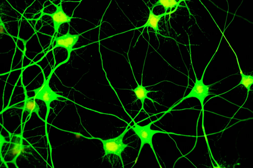 Immagine fotorealistica di neuroni dei gangli della radice dorsale (DRG) in una piastra di coltura, visualizzati al microscopio. Alcuni neuroni mostrano un'alta fluorescenza verde (indicativa di alta concentrazione di calcio e quindi alta eccitabilità), mentre altri sono meno luminosi. Lente macro 100mm, alta definizione, illuminazione da microscopia a fluorescenza controllata.