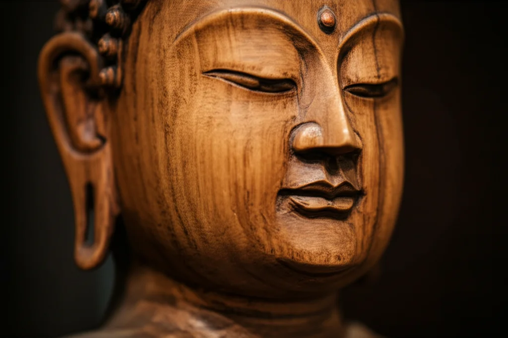 Primo piano fotorealistico del volto sereno di un'antica statua di Buddha in legno, illuminazione controllata per evidenziare i dettagli fini e le crepe del tempo, obiettivo macro 90mm, alta definizione.
