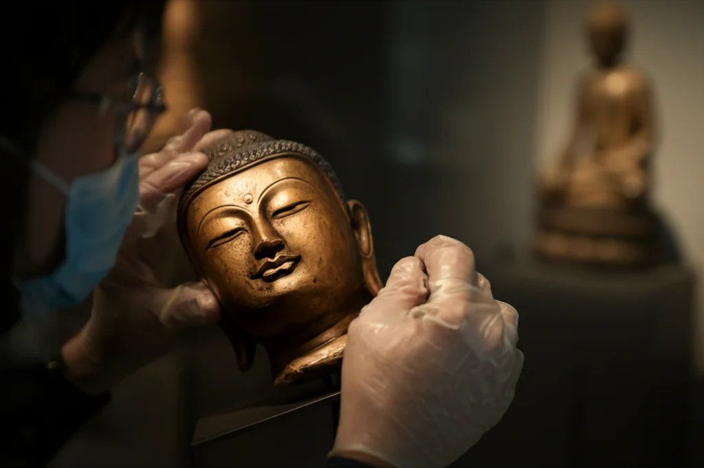 Fotografia di un esperto d'arte che esamina da vicino il volto di una statua di Buddha in un museo, luce soffusa, profondità di campo per sfocare lo sfondo, obiettivo prime 35mm.