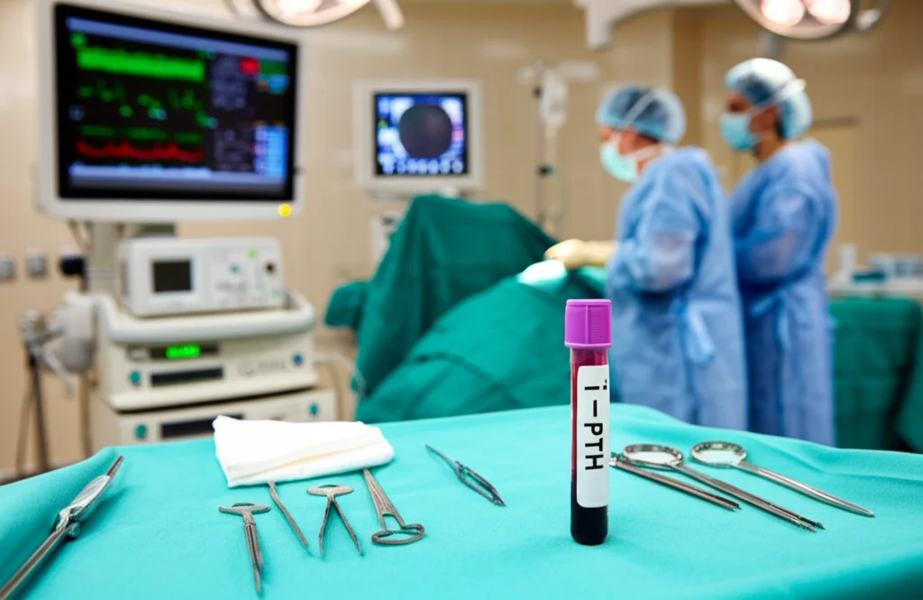 Fotografia di una sala operatoria moderna durante un intervento di paratiroidectomia. Si vede il team chirurgico concentrato sul paziente, monitor che mostrano parametri vitali e, in primo piano, una provetta di sangue etichettata 'i-PTH', pronta per l'analisi rapida. Obiettivo 35mm, luce controllata, profondità di campo che sfoca leggermente lo sfondo.