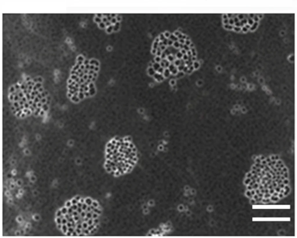 Immagine al microscopio di cellule tumorali della vescica J82/CR in coltura, obiettivo macro 100mm, illuminazione controllata, alta definizione, che mostrano una ridotta proliferazione dopo la sovraespressione della proteina LIMA1. Si notano meno colonie cellulari rispetto al controllo.