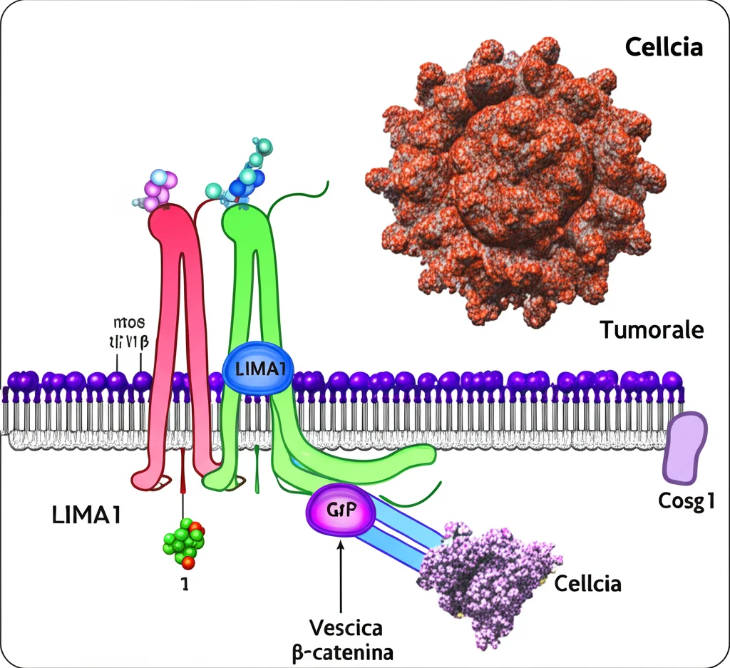 Diagramma scientifico stilizzato del pathway di segnalazione Wnt/β-catenin all'interno di una cellula tumorale della vescica. Viene mostrata la proteina LIMA1 che interviene per bloccare l'attivazione del pathway, impedendo l'accumulo di β-catenina nel nucleo. Visualizzazione 3D, alta definizione, colori contrastanti per evidenziare i componenti.
