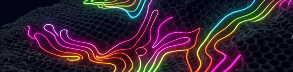 Visualizzazione 3D astratta che mostra percorsi luminosi simili a filamenti (rappresentanti il flusso di fluidi tracciato dal DNA) che si muovono attraverso una matrice scura e porosa (rappresentante la roccia sotterranea), colori vivaci contrastanti, stile high-tech.