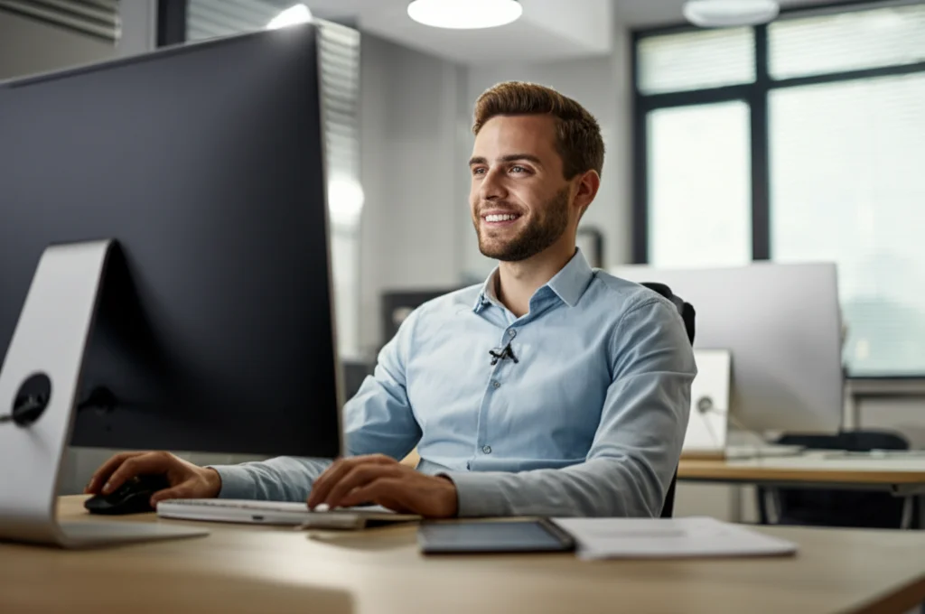 Fotografia di un ufficio moderno, un dipendente sorridente utilizza un computer con un'interfaccia software intuitiva e chiara. Luce controllata e naturale che entra dalla finestra, obiettivo 35mm, profondità di campo media per mantenere a fuoco sia il dipendente che lo schermo.
