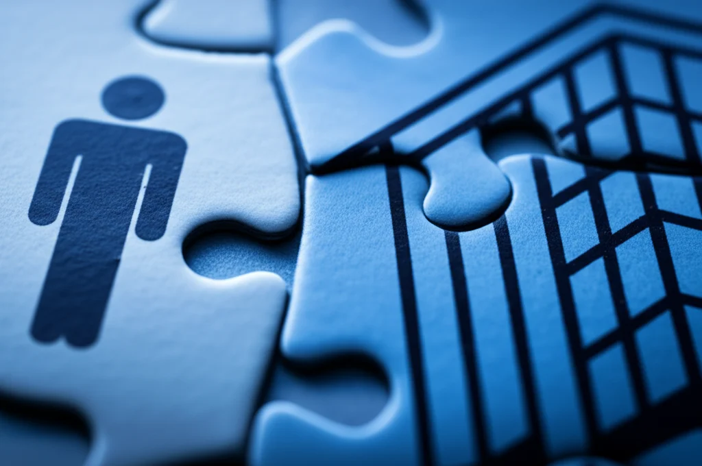 Immagine macro di due pezzi di puzzle che si incastrano perfettamente, uno rappresenta una persona stilizzata (valori) e l'altro un edificio aziendale stilizzato (organizzazione). Illuminazione controllata, obiettivo macro 100mm, alta definizione dei dettagli.