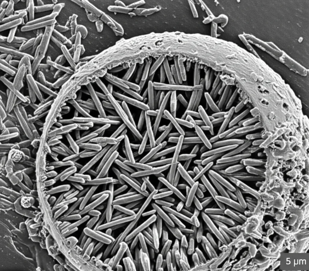 Immagine al microscopio elettronico a scansione (SEM) simulata, che mostra la microstruttura interna di un guscio di foraminifero, evidenziando la disposizione dei cristalli di calcite geminati e non geminati, alta definizione, illuminazione da laboratorio.