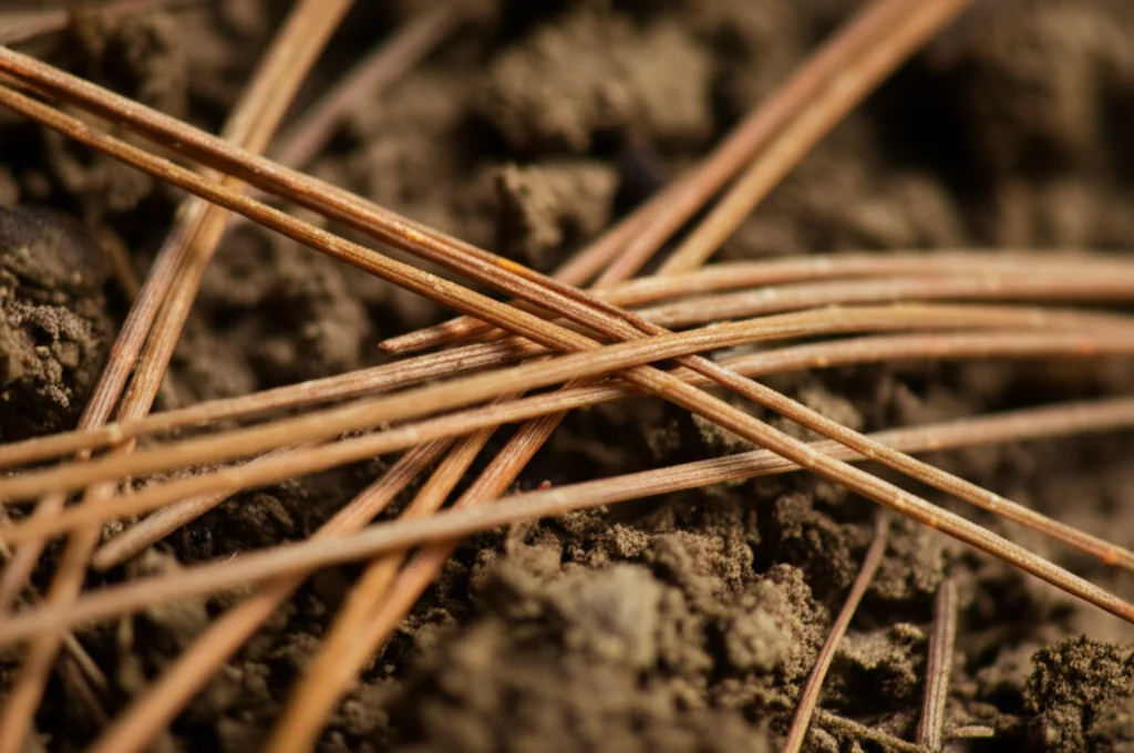 Fotografia macro di aghi di pino secchi su terreno forestale arido, illuminazione controllata, dettaglio elevato, obiettivo macro 100mm, simbolo della suscettibilità agli incendi e della siccità.