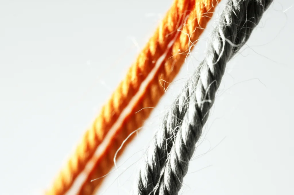 Macro fotografia di due fili intrecciati, uno di un colore caldo e vibrante (rappresentante il coping adattivo), l'altro grigio e sfilacciato (coping maladattivo), a simboleggiare le scelte di fronteggiamento dello stress. Obiettivo macro 100mm, alta definizione, illuminazione controllata per enfatizzare le texture.