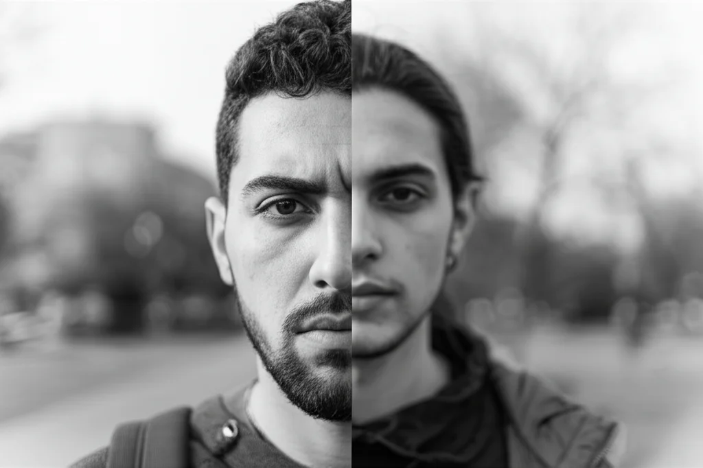 Ritratto fotografico in bianco e nero di un giovane studente libanese, il volto diviso a metà: una parte mostra tensione e preoccupazione (ansia, incertezza), l'altra calma e determinazione (coping adattivo). Stile film noir, obiettivo 35mm, profondità di campo che sfoca leggermente lo sfondo.