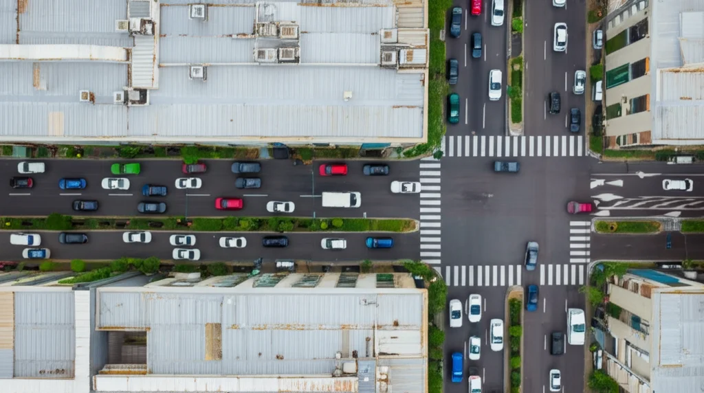 Vista aerea da un drone in volo sopra un paesaggio urbano complesso, obiettivo zoom 150mm, che traccia un furgone bianco specifico in mezzo al traffico, utilizzando l'attenzione CMLatten per mantenere la messa a fuoco nonostante le occlusioni parziali da altri veicoli, fast shutter speed, movement tracking.