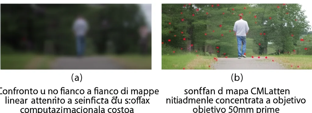 Confronto fianco a fianco di mappe di attenzione: a sinistra, una mappa di attenzione lineare diffusa su un'immagine di un drone che segue una persona; al centro, una mappa softmax più focalizzata ma computazionalmente costosa; a destra, la mappa CMLatten nitidamente concentrata sulla persona, obiettivo 50mm prime, depth of field.