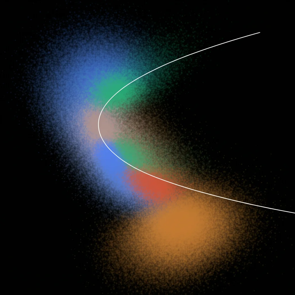 Grafico astratto del Fronte di Pareto in uno spazio obiettivo bidimensionale, visualizzato come una curva elegante. Attorno alla curva, nuvole di punti colorati rappresentano l'incertezza associata a ciascuna soluzione ottimale. Stile visualizzazione dati scientifica, illuminazione neutra e controllata, alta definizione, resa 3D.