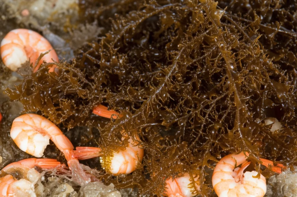 Macro fotografia di alghe brune Sargassum spiaggiate accanto a scarti di lavorazione di gamberi, lente macro 100mm, alta definizione, illuminazione controllata per evidenziare le texture contrastanti.