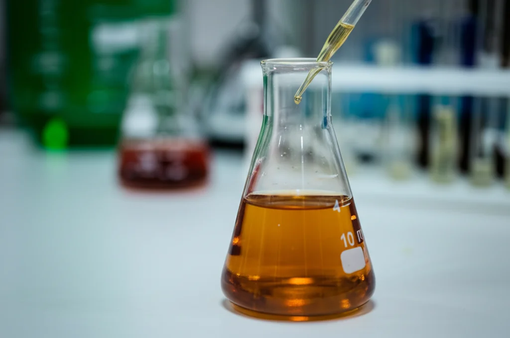 Primo piano di una beuta da laboratorio contenente un liquido ambrato (idrolizzato di alghe) con una pipetta che aggiunge un enzima, sfondo sfocato di attrezzatura da laboratorio, lente prime 50mm, profondità di campo ridotta.