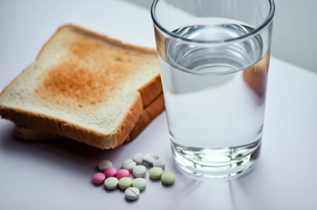 Still Life, Macro Lens (85 mm), dettagli elevati. Primo piano di alimenti semplici come toast semplice e un bicchiere d'acqua accanto a un branco di pillole su una superficie pulita. Lucitura morbida controllata, che rappresenta la cura di sé e la gestione dietetica per gli effetti collaterali.