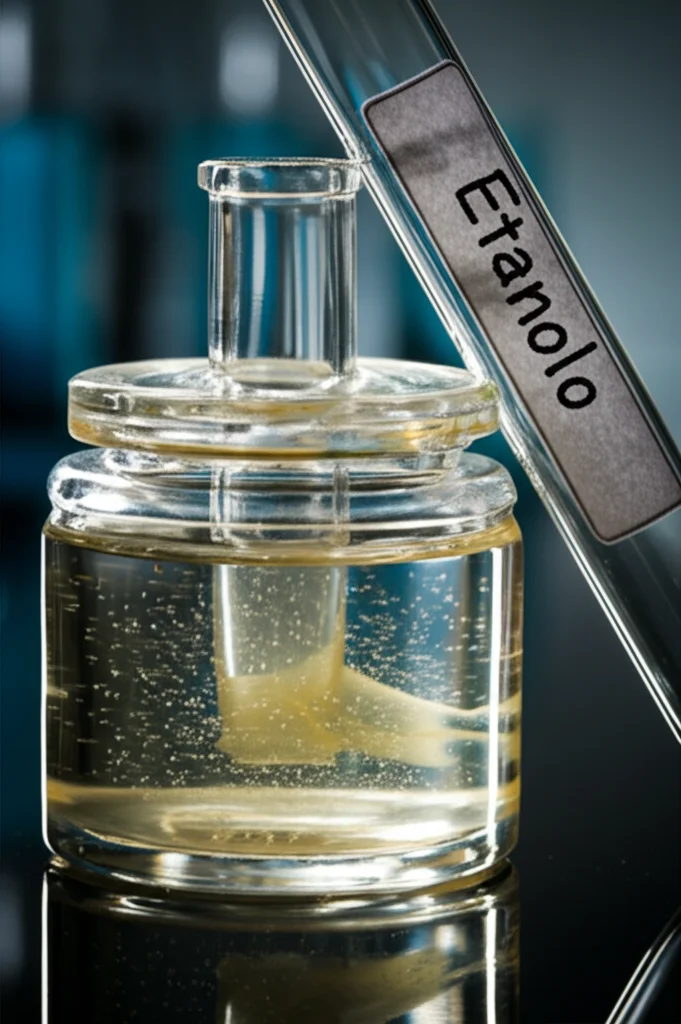 Fotografia still life di un piccolo fermentatore da laboratorio con bollicine visibili nel liquido, accanto a una provetta etichettata 'Etanolo', lente macro 80mm, illuminazione drammatica laterale, alta definizione.