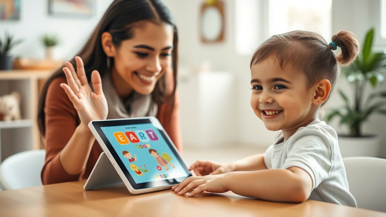 Bambino sorridente di circa 5 anni seduto a un tavolo con una logopedista. Il bambino sta usando un tablet che mostra un'interfaccia colorata (simulando il programma Let's Learn), mentre la terapista lo guida con un gesto incoraggiante. Ambiente luminoso e accogliente di uno studio di logopedia. Fotografia ritratto, obiettivo 35mm, profondità di campo per mettere a fuoco bambino e terapista, luce naturale morbida.