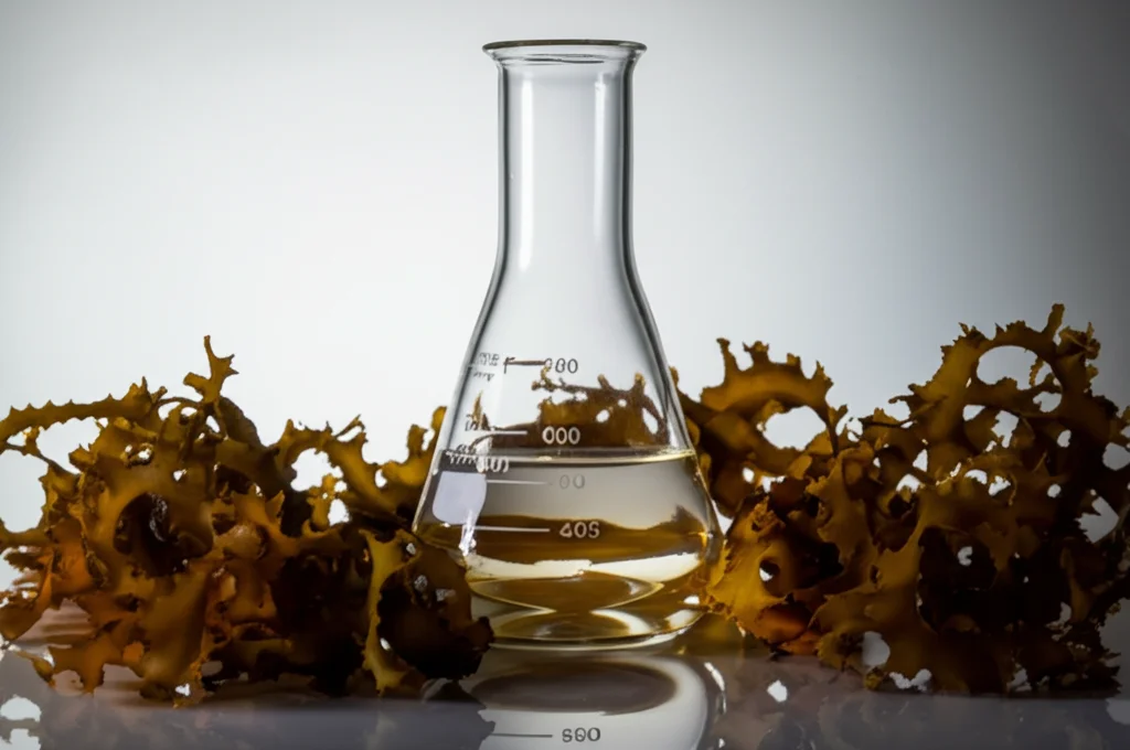 Fotografia concettuale still life: alghe brune Sargassum e scarti di gamberi disposti artisticamente attorno a una beuta contenente bioetanolo trasparente, lente macro 70mm, illuminazione da studio controllata, alta definizione, focus preciso sul bioetanolo.