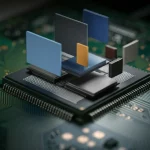 Illustrazione concettuale della metodologia Split'n'Cover applicata a un sistema System-on-Chip (SoC) automobilistico, con blocchi logici astratti sovrapposti a un chip realistico su un PCB verde scuro, illuminazione drammatica laterale, lente prime 35mm, profondità di campo ridotta per focalizzare sui blocchi.