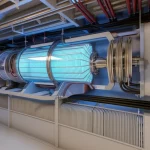 Immagine fotorealistica di una sezione trasversale high-tech di una nave moderna, mostrando il sistema di alimentazione MVDC. In primo piano, un limitatore di corrente a superconduttore (H-SFCL) stilizzato ma realistico, con elementi criogenici luminosi (blu ghiaccio) integrati nel circuito principale. Si vedono cavi di potenza e sullo sfondo la struttura interna della nave. Obiettivo grandangolare 24mm per mostrare l'integrazione nel sistema navale, illuminazione drammatica con contrasti tra luci calde e fredde.