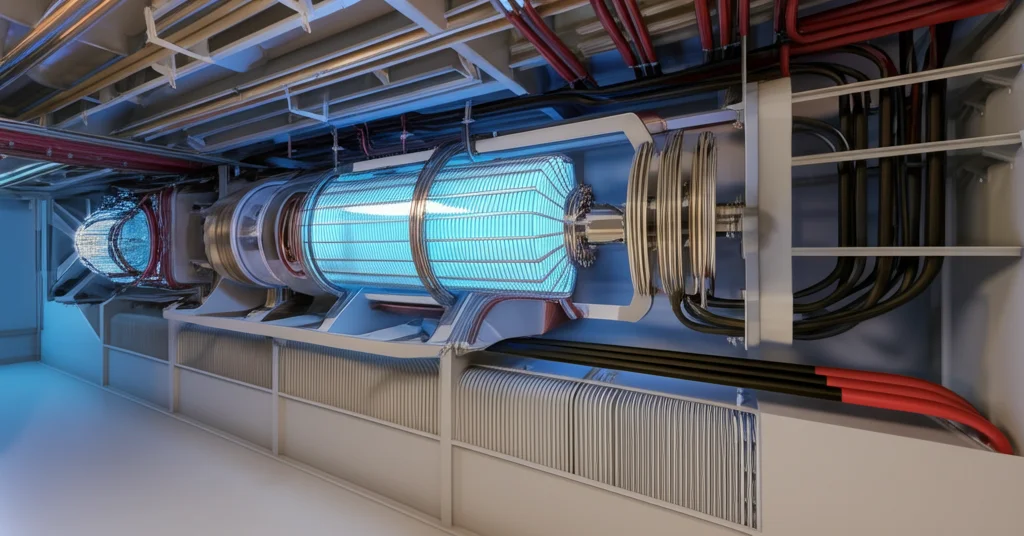 Immagine fotorealistica di una sezione trasversale high-tech di una nave moderna, mostrando il sistema di alimentazione MVDC. In primo piano, un limitatore di corrente a superconduttore (H-SFCL) stilizzato ma realistico, con elementi criogenici luminosi (blu ghiaccio) integrati nel circuito principale. Si vedono cavi di potenza e sullo sfondo la struttura interna della nave. Obiettivo grandangolare 24mm per mostrare l'integrazione nel sistema navale, illuminazione drammatica con contrasti tra luci calde e fredde.