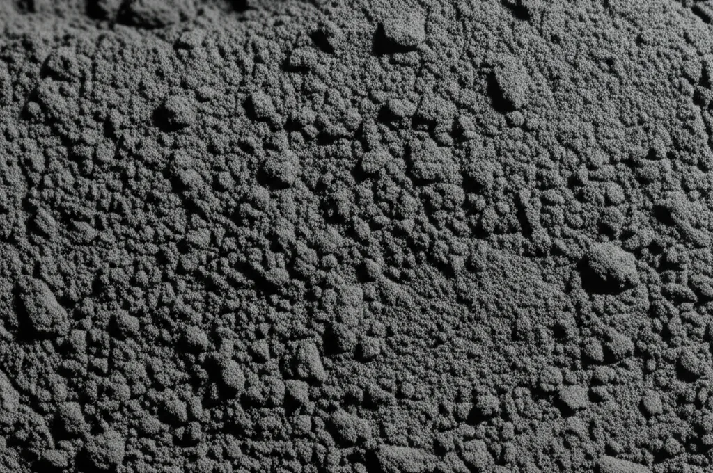Primo piano fotorealistico di scorie fini di gassificazione del carbone, una polvere grigio scuro con evidenti particelle nere di fuliggine mescolate. Lente macro 100mm, alto dettaglio, texture della polvere ben visibile, illuminazione controllata laterale per creare ombre e profondità.