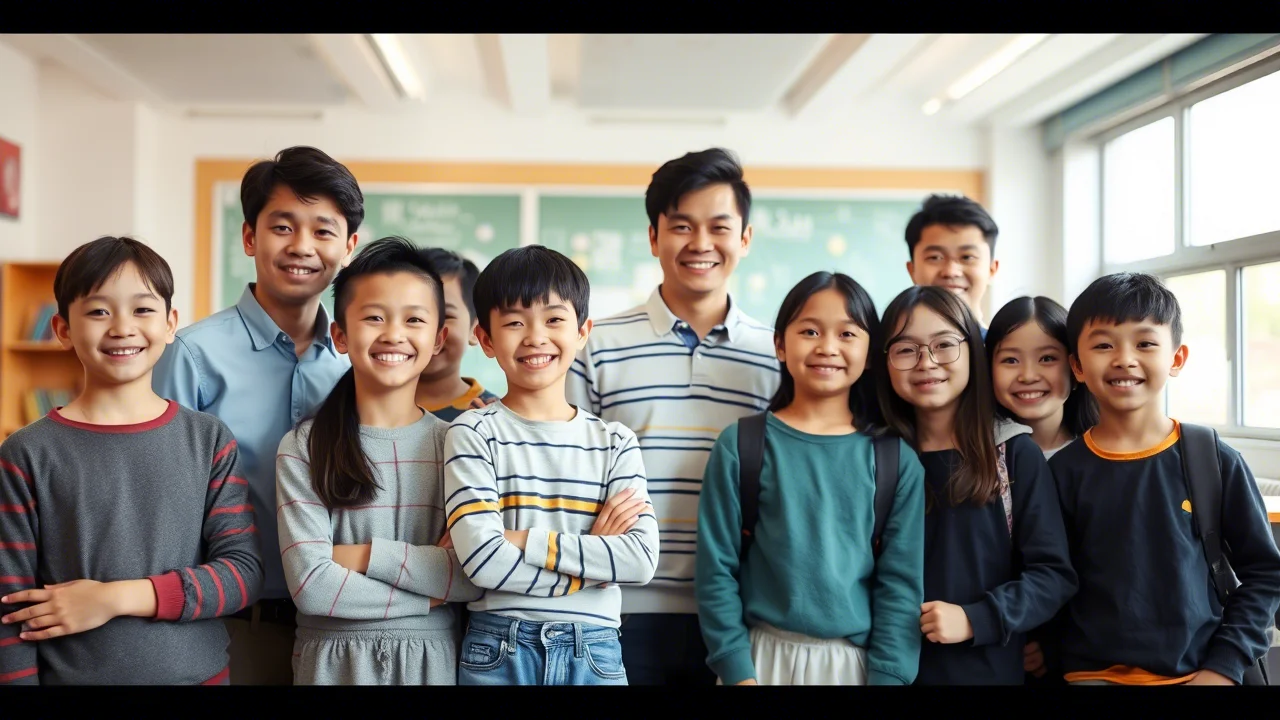 Ritratto di gruppo di bambini e adolescenti cinesi diversi, sani e sorridenti in un ambiente scolastico luminoso e moderno, fotografia con obiettivo prime 35mm, luce naturale morbida proveniente da finestre laterali, profondità di campo media per mantenere a fuoco il gruppo ma sfocare leggermente lo sfondo della classe, colori vivaci e naturali.