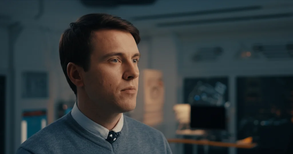 Un giovane insegnante, dall'aspetto pensieroso ma determinato, guarda uno schermo olografico che mostra dati sull'intelligenza artificiale in un'aula scolastica futuristica ma accogliente. Fotografia di ritratto, obiettivo 50mm, toni caldi e freddi duotone (blu e arancione), profondità di campo per sfocare leggermente lo sfondo.