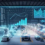 Visualizzazione 3D astratta di un processo manifatturiero complesso all'interno di una fabbrica stilizzata. Flussi di dati luminosi collegano diverse macchine, mentre grafici di ottimizzazione multi-obiettivo (Fronti di Pareto) fluttuano sopra l'impianto. L'illuminazione è drammatica, mettendo in risalto i dati e l'idea di controllo intelligente sull'incertezza. Alta risoluzione, stile futuristico.