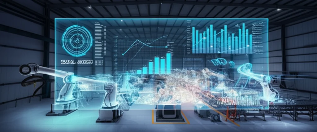 Visualizzazione 3D astratta di un processo manifatturiero complesso all'interno di una fabbrica stilizzata. Flussi di dati luminosi collegano diverse macchine, mentre grafici di ottimizzazione multi-obiettivo (Fronti di Pareto) fluttuano sopra l'impianto. L'illuminazione è drammatica, mettendo in risalto i dati e l'idea di controllo intelligente sull'incertezza. Alta risoluzione, stile futuristico.