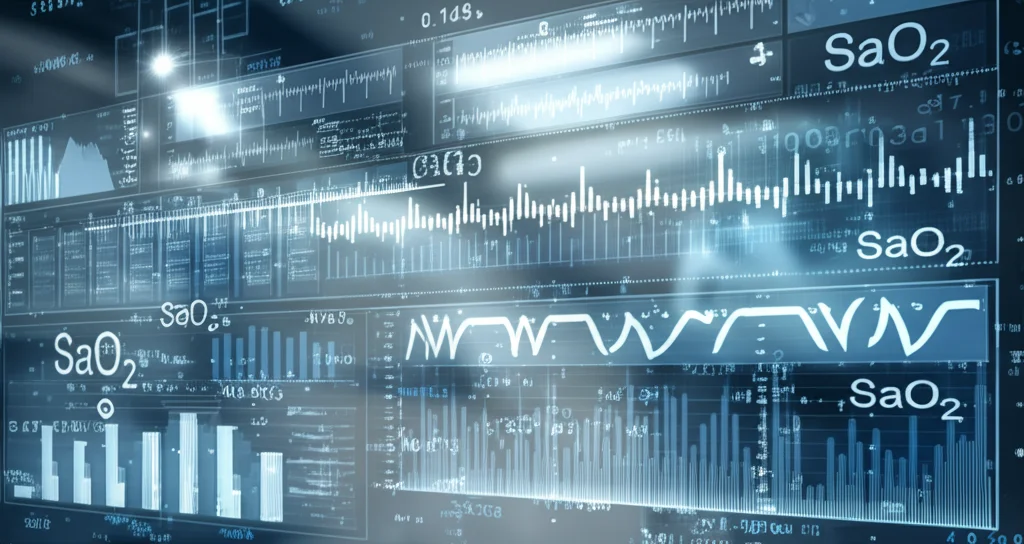 Visualizzazione astratta di un'intelligenza artificiale che analizza dati medici in tempo reale provenienti da una macchina per emodialisi. Flussi di dati digitali si intrecciano con grafici di saturazione dell'ossigeno (SaO2) mostrando pattern a denti di sega. Illuminazione high-tech, colori blu e grigio duotone, obiettivo 50mm per un look moderno e pulito, alta definizione.