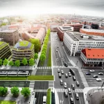 Wide-angle, 18mm lens, immagine simbolica composita che mostra una città tedesca divisa a metà: una metà vibrante, verde, con moderni trasporti e edifici ecologici (pannelli solari, tetti verdi, tram); l'altra metà grigia, statica, con infrastrutture più vecchie e traffico congestionato, a rappresentare la divergenza nell'azione climatica tra città leader e città in ritardo. Sharp focus su tutta la scena, illuminazione drammatica che enfatizza il contrasto.