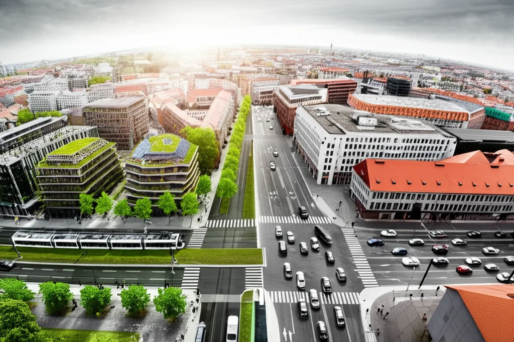 Wide-angle, 18mm lens, immagine simbolica composita che mostra una città tedesca divisa a metà: una metà vibrante, verde, con moderni trasporti e edifici ecologici (pannelli solari, tetti verdi, tram); l'altra metà grigia, statica, con infrastrutture più vecchie e traffico congestionato, a rappresentare la divergenza nell'azione climatica tra città leader e città in ritardo. Sharp focus su tutta la scena, illuminazione drammatica che enfatizza il contrasto.