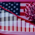 Fotografia concettuale, un grafico a barre che mostra un calo sovrapposto a un'immagine stilizzata del virus COVID-19 e a una bandiera americana sbiadita, obiettivo 50mm, profondità di campo ridotta, colori duotone blu e rosso, a rappresentare il conflitto tra le politiche COVID di Trump e le preferenze degli elettori nel 2020.