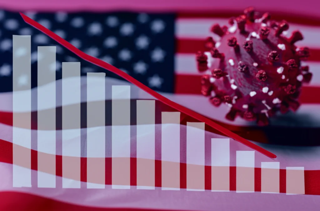 Fotografia concettuale, un grafico a barre che mostra un calo sovrapposto a un'immagine stilizzata del virus COVID-19 e a una bandiera americana sbiadita, obiettivo 50mm, profondità di campo ridotta, colori duotone blu e rosso, a rappresentare il conflitto tra le politiche COVID di Trump e le preferenze degli elettori nel 2020.