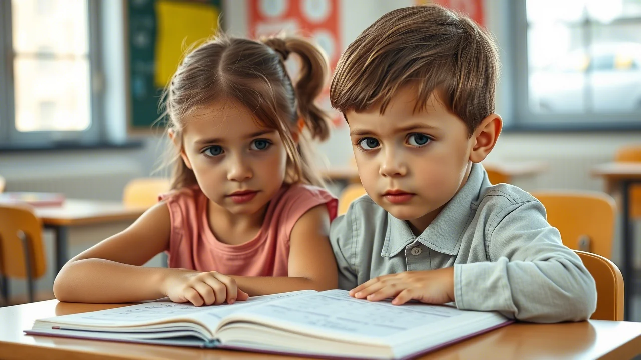 Fotografia di ritratto, un bambino e una bambina di 5 anni seduti a un banco di scuola, guardano un libro di matematica; la bambina ha un'espressione leggermente dubbiosa e pensierosa, il bambino appare più sicuro e diretto. Profondità di campo che sfoca leggermente lo sfondo della classe, luce naturale morbida da finestra laterale, obiettivo 35mm, stile fotorealistico, colori naturali.