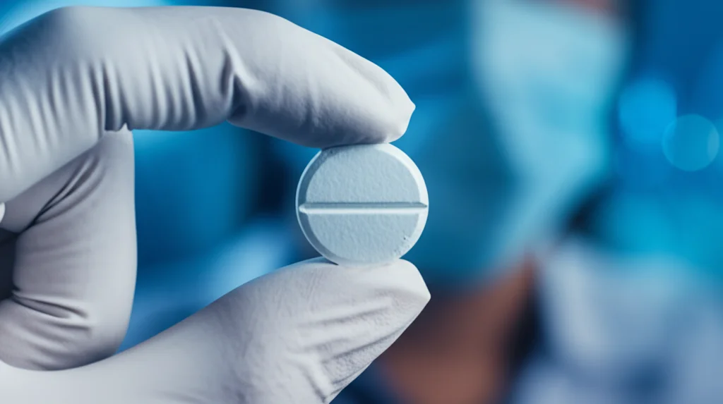 Fotografia macro di una compressa di Prusogliptin (DBPR108) tenuta tra due dita guantate di un ricercatore, con sfondo sfocato di attrezzature da laboratorio, obiettivo macro 100mm, alta definizione, illuminazione da studio controllata, focus preciso sulla compressa, simboleggiando la ricerca e lo sviluppo del nuovo farmaco.