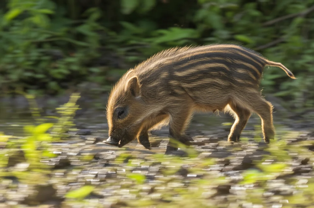 Fotografia naturalistica di un giovane maialino selvatico (feral piglet) che rovista nel terreno umido di una zona umida, obiettivo teleobiettivo 200mm, luce naturale del mattino, focus sull'azione del rovistare, movimento leggermente sfocato per dinamismo.