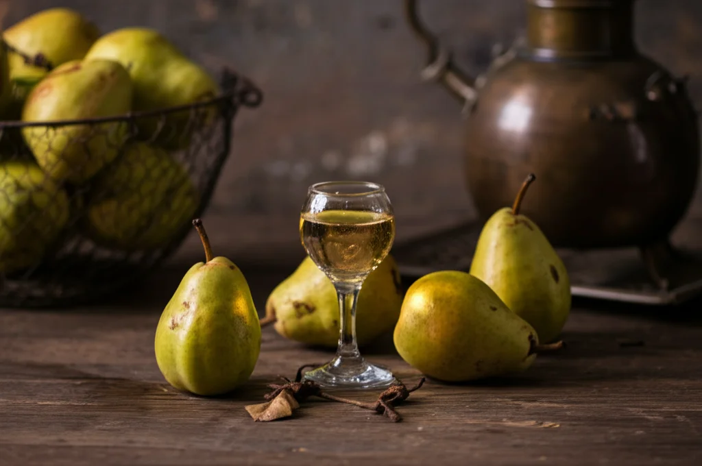 Fotografia still life di pere Williams mature e succose accanto a un elegante bicchiere da degustazione pieno di acquavite dorata, con un piccolo alambicco di rame sfocato sullo sfondo rustico, luce naturale morbida laterale, obiettivo macro 85mm, alta definizione, messa a fuoco precisa sulla buccia della pera e sulle gocce di condensa sul bicchiere.
