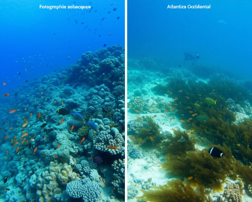 Fotografia subacquea, obiettivo 35mm, che mostra un confronto visivo fianco a fianco: a sinistra, una vibrante barriera corallina dell'Indo-Pacifico con abbondanti pesci coniglio e pappagallo; a destra, una barriera dell'Atlantico Occidentale con meno pesci erbivori e più alghe. Profondità di campo che mantiene entrambi i lati a fuoco, luce naturale brillante.