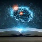 Illustrazione concettuale di un cervello digitale luminoso connesso a un libro di testo medico aperto, obiettivo prime 50mm, profondità di campo, illuminazione drammatica, simboleggia l'intelligenza artificiale che apprende la medicina.