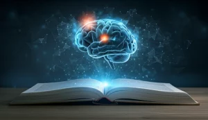 Illustrazione concettuale di un cervello digitale luminoso connesso a un libro di testo medico aperto, obiettivo prime 50mm, profondità di campo, illuminazione drammatica, simboleggia l'intelligenza artificiale che apprende la medicina.