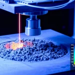 Immagine fotorealistica concettuale che combina la stampa 3D metallica (PBF-LB/M) con la simulazione digitale. Si vede un fascio laser che solidifica polvere di Ti6Al4V su una piattaforma di costruzione, mentre sovrapposta o accanto c'è una visualizzazione digitale astratta di stress termici e analisi delle distorsioni. Obiettivo 35mm, stile cinematografico high-tech, duotone blu e arancione per rappresentare caldo/freddo o reale/virtuale.