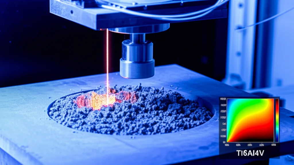 Immagine fotorealistica concettuale che combina la stampa 3D metallica (PBF-LB/M) con la simulazione digitale. Si vede un fascio laser che solidifica polvere di Ti6Al4V su una piattaforma di costruzione, mentre sovrapposta o accanto c'è una visualizzazione digitale astratta di stress termici e analisi delle distorsioni. Obiettivo 35mm, stile cinematografico high-tech, duotone blu e arancione per rappresentare caldo/freddo o reale/virtuale.