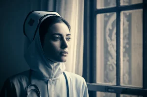 Ritratto fotografico intenso di un'infermiera iraniana che guarda fuori da una finestra, divisa tra la nostalgia per il suo paese (simboleggiato da un elemento culturale sullo sfondo) e la speranza per il futuro all'estero (simboleggiato dalla luce esterna). Obiettivo 50mm, profondità di campo, toni bicromatici seppia e blu per esprimere malinconia e speranza.