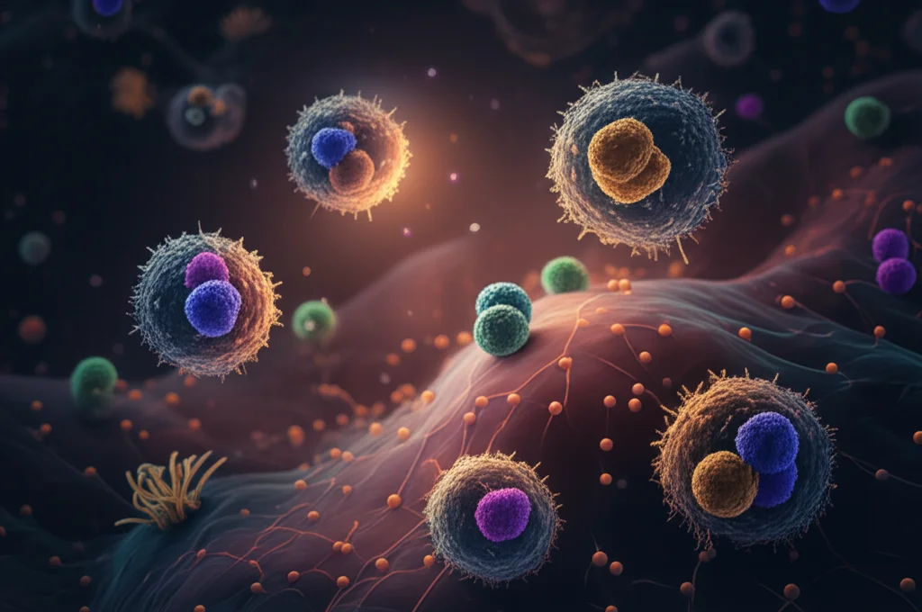 Visualizzazione astratta e fotorealistica di molecole di inibitori BTK e venetoclax che interagiscono con recettori su cellule tumorali stilizzate del linfoma mantellare, su sfondo scuro con effetti luminosi che rappresentano l'attività farmacologica. Obiettivo macro 100mm, alta definizione, illuminazione drammatica.