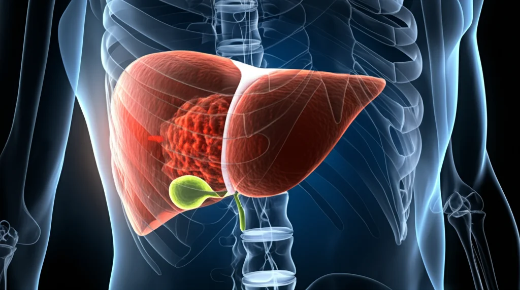 Visualizzazione medica concettuale che combina un modello 3D del fegato con carcinoma epatocellulare e una rappresentazione della massa muscolare scheletrica, simboleggiando l'integrazione del punteggio ALBI-Sarcopenia. Illuminazione drammatica, alto dettaglio. Obiettivo macro 80mm.